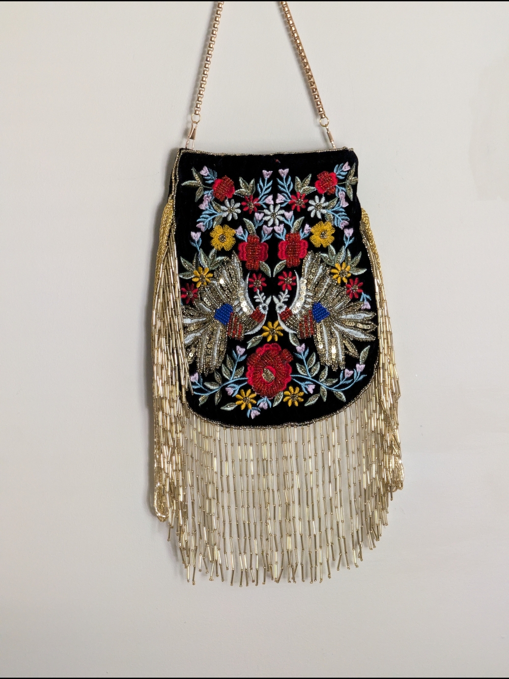 RAMLA Handcrafted Black Velvet "Mumbai" Beaded Floral Fringe Evening Bag NWT